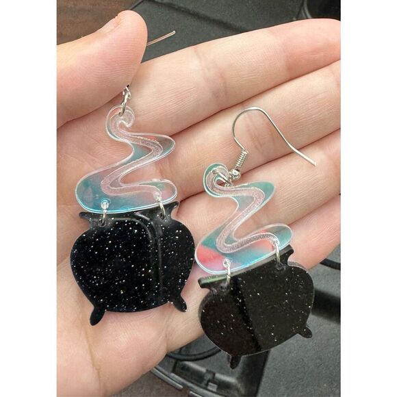 Cauldron with Iridescent Smoke Acrylic Dangle Earrings - Picture 1 of 4